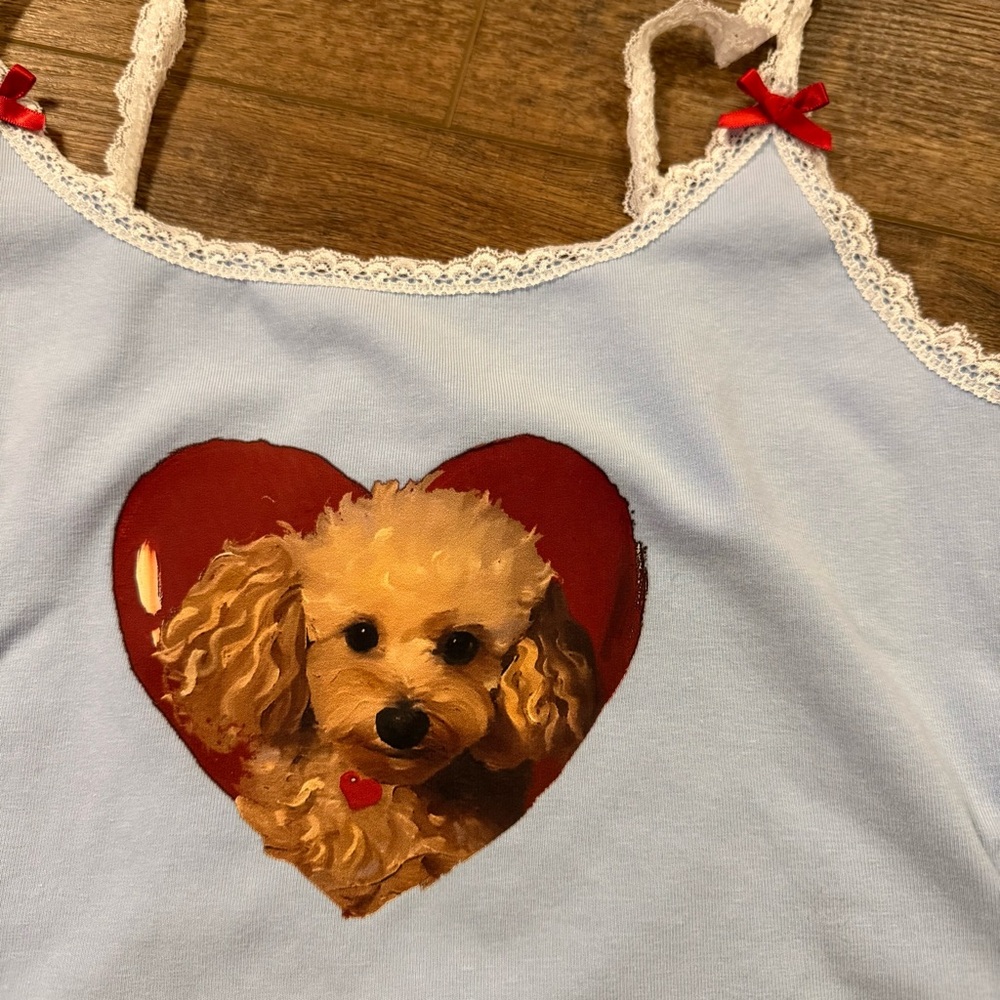 I HEART TOY POODLES I love Dogs Crop Top Cami Coquette Ribbon Bows Lace Blue S - Picture 3 of 4